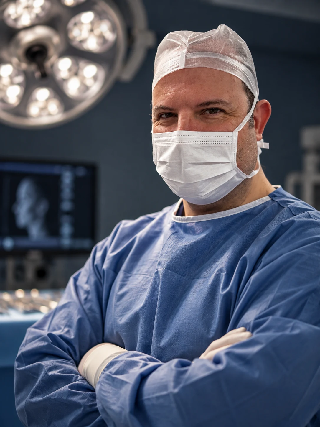 Facial surgery — Dr. Walter Zamarian Jr. wearing surgical scrubs, a cap, and a mask