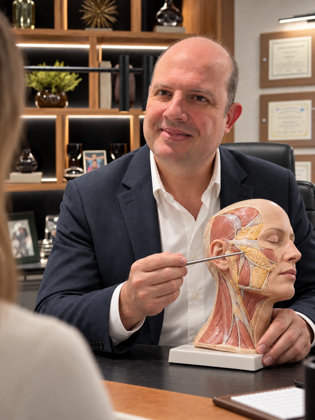 Deep plane vs SMAS facelift — Dr. Walter Zamarian Jr. with a facial anatomy model