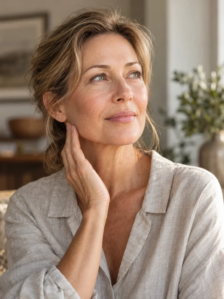 Woman considering her facial contours after weight loss