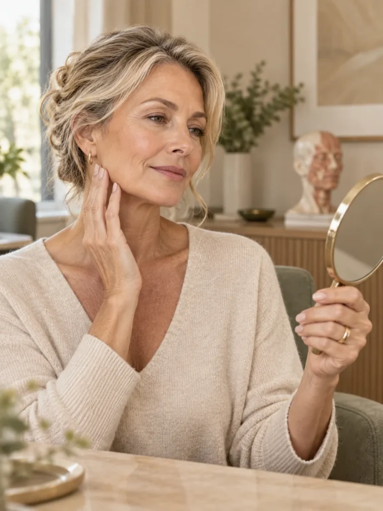 How a facelift is performed: woman considering her facial features during planning — illustrative image