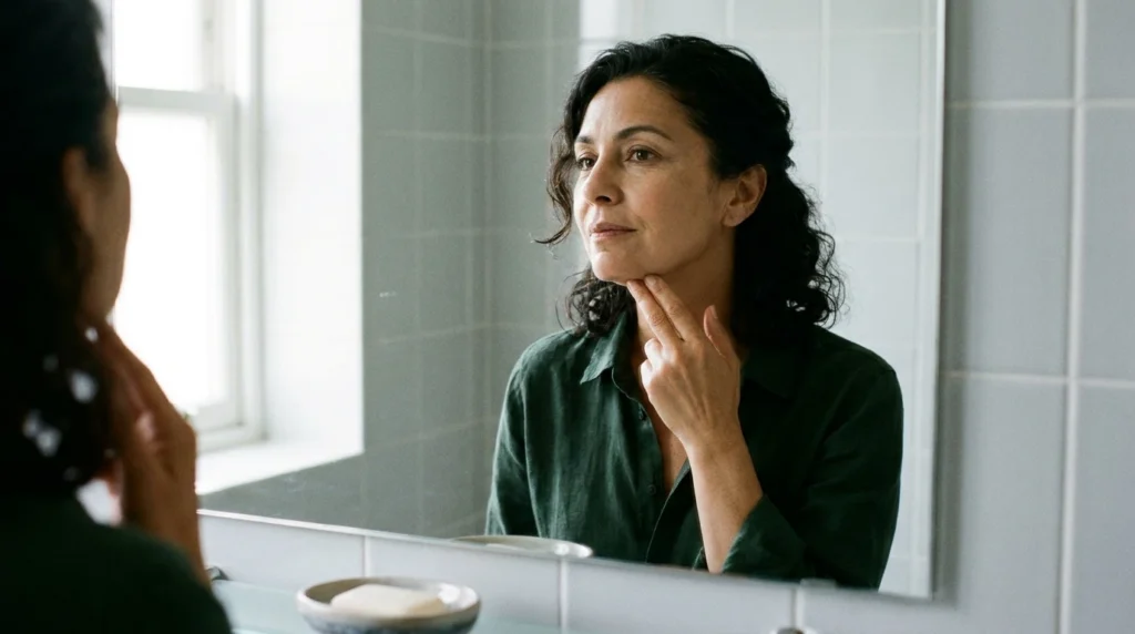 Can a dentist perform chin liposuction? Woman considering her neck contour in a mirror