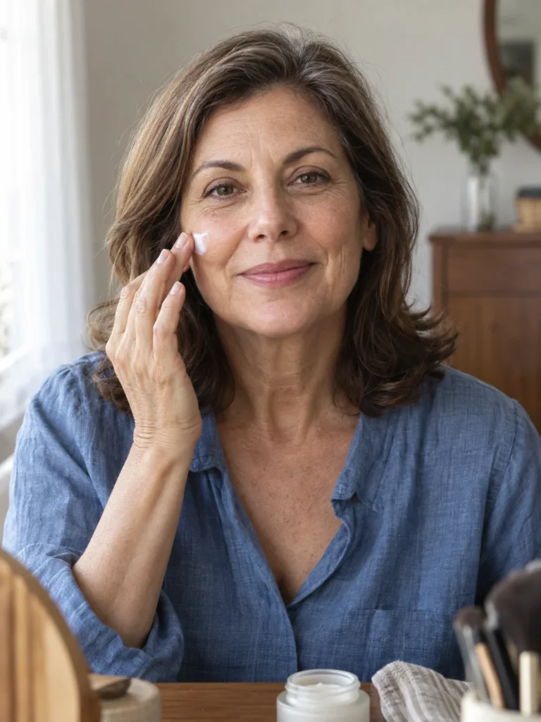 Skincare and facial sagging — illustrative portrait of a mature woman caring for her skin